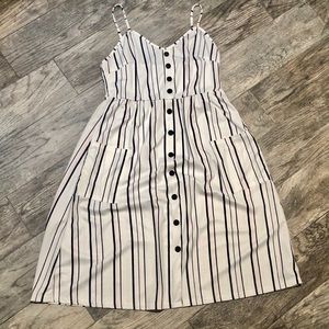 Navy Blue Striped Spaghetti Strap Midi Dress